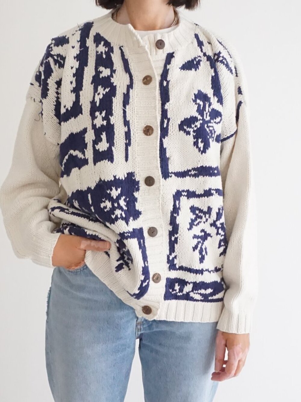 Vintage Jump Cream Navy Floral Bird Scenic Intarsia Textured Button Cardigan S